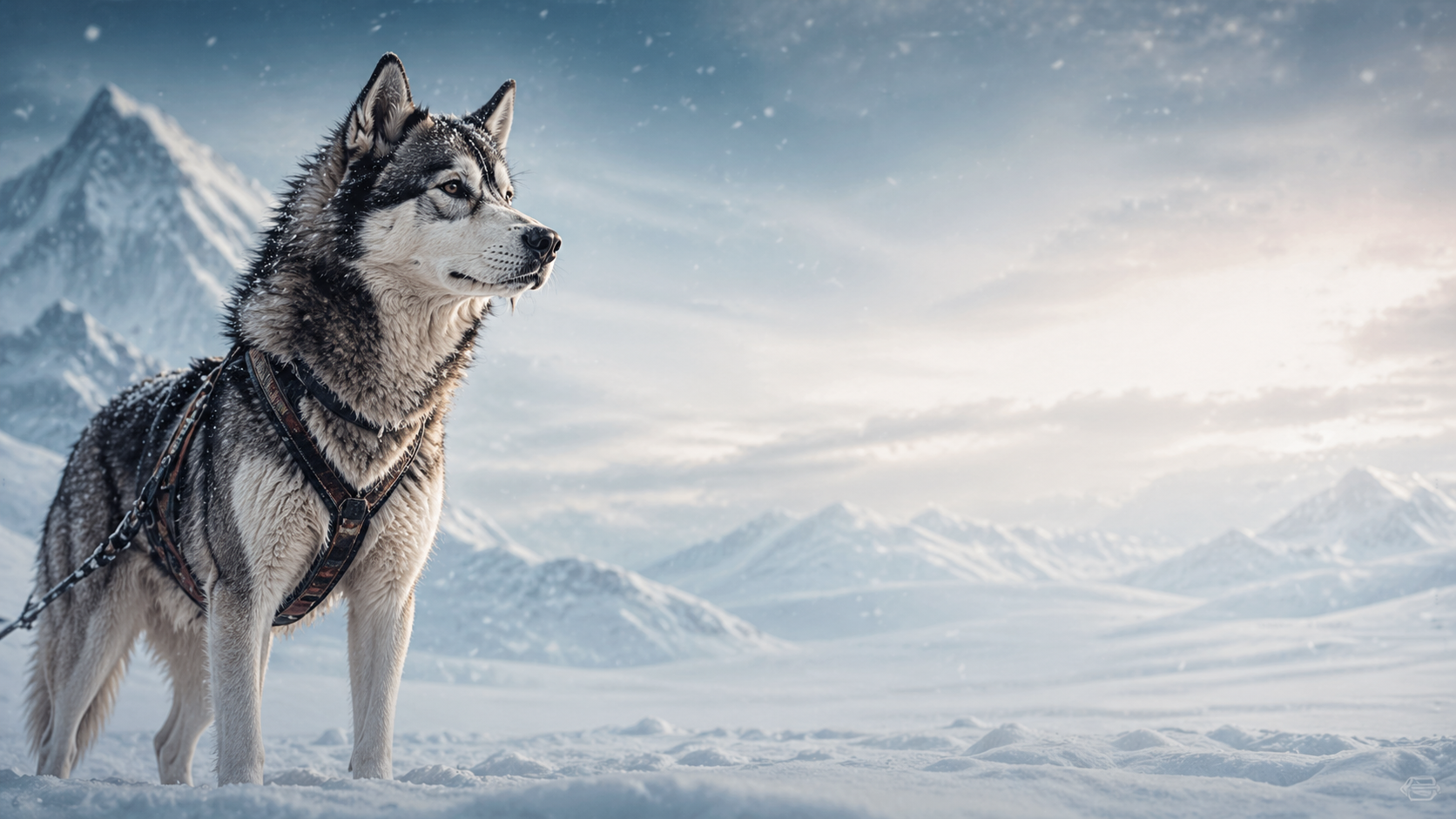 Balto puxando trenó em uma tempestade de neve