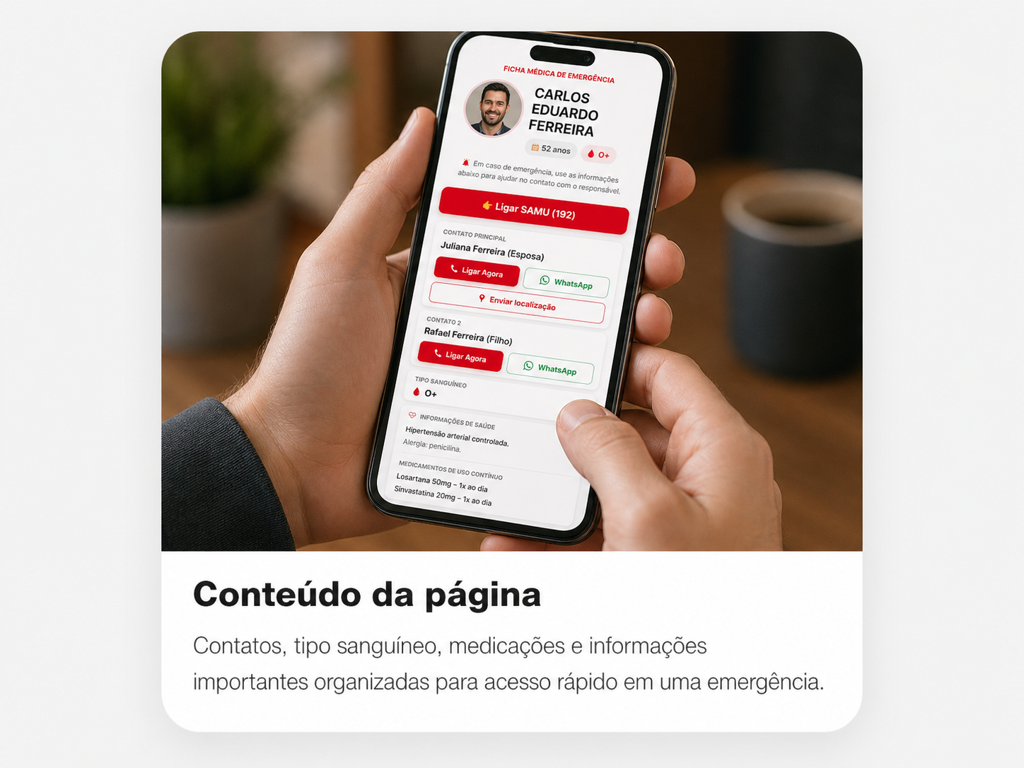 Tela do perfil Tap Emergência com informações médicas e contatos