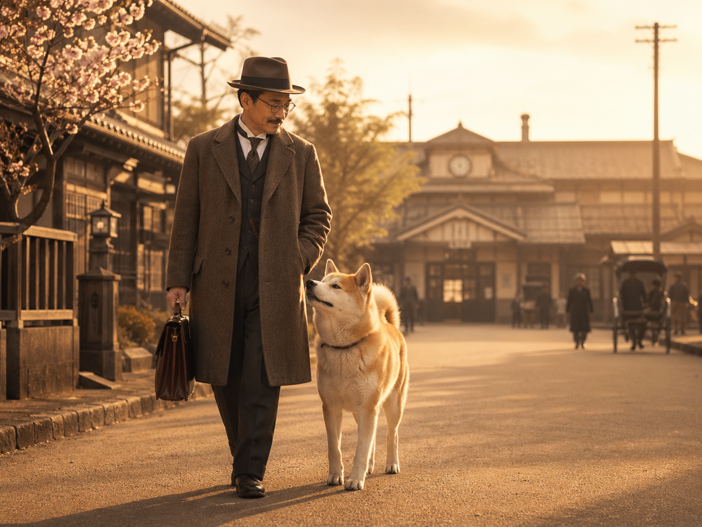 Hachiko caminhando com seu tutor perto da estação