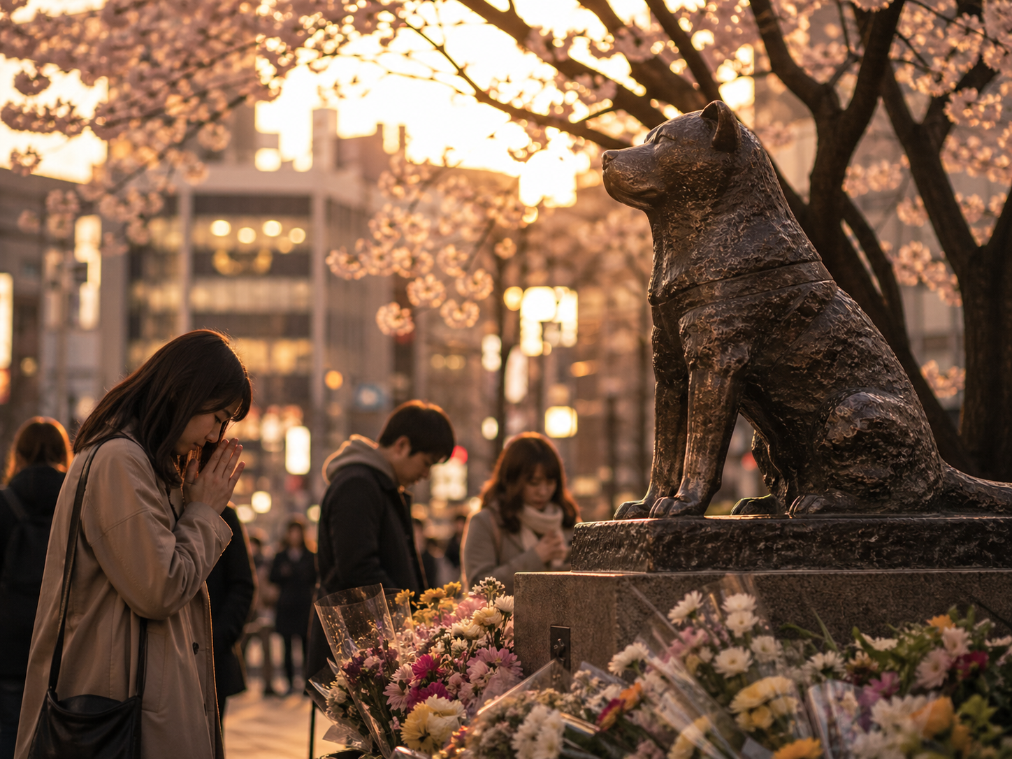 Estátua de Hachiko com flores em homenagem