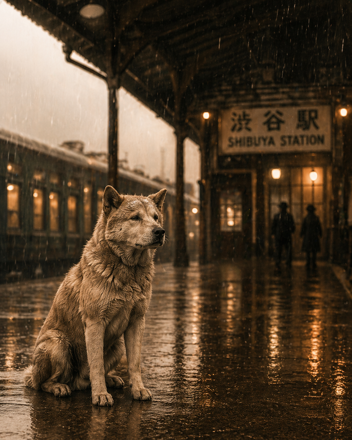 Hachiko mais velho esperando na chuva em Shibuya