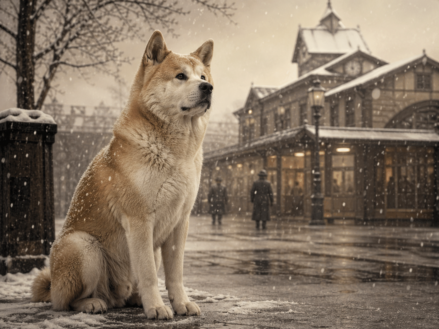 Hachiko esperando na neve em frente à estação