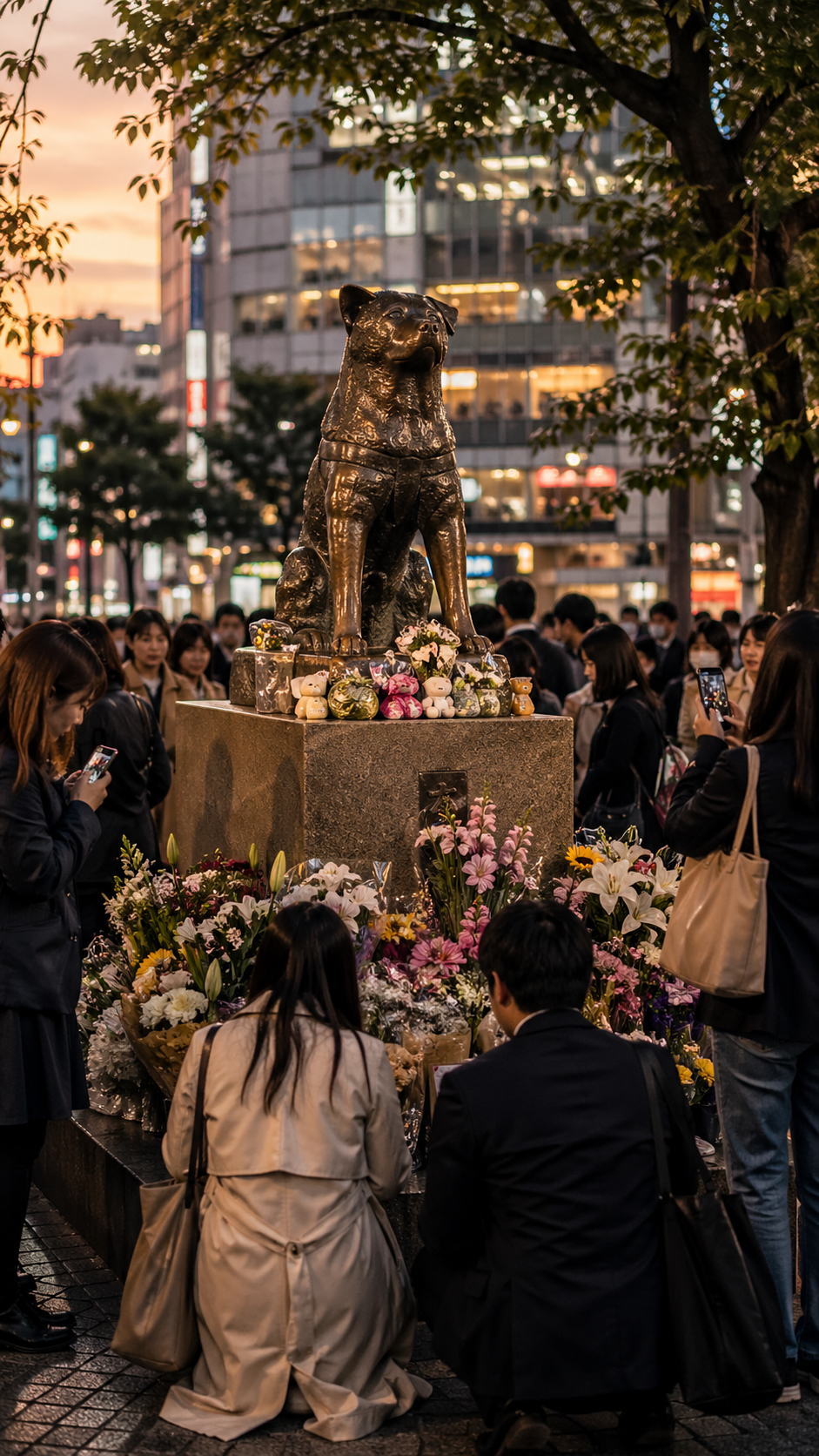 Pessoas admirando a estátua de Hachiko atualmente