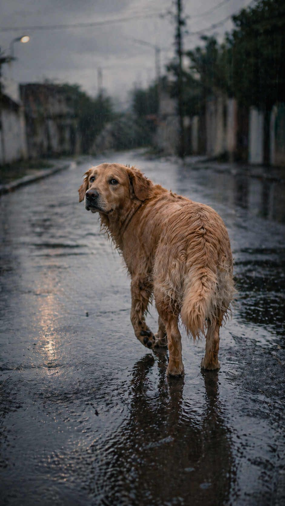 Tobias perdido em uma rua molhada