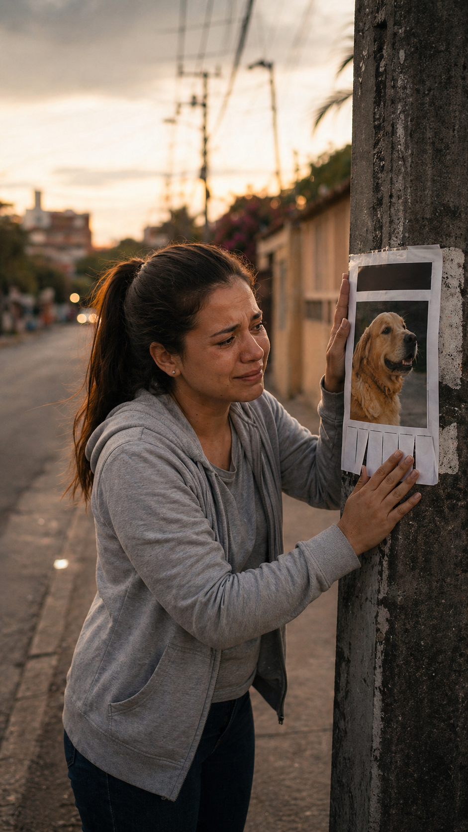 Tutora colocando cartaz de cachorro desaparecido