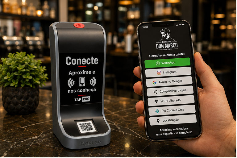 Totem TAP PRO completo ao lado de celular com página empresarial aberta