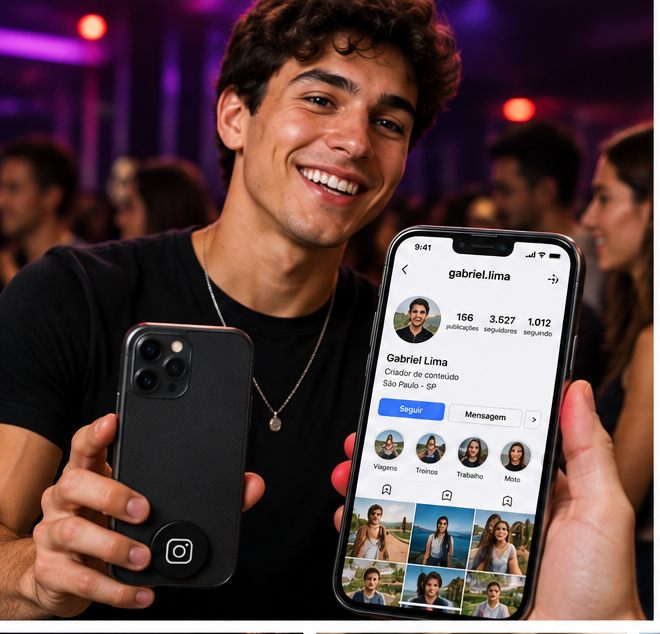 Jovem usando o TAP INSTA para abrir seu perfil no Instagram