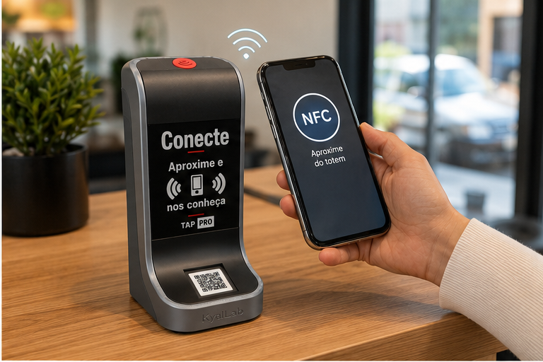 Celular sendo aproximado do Totem TAP PRO por NFC