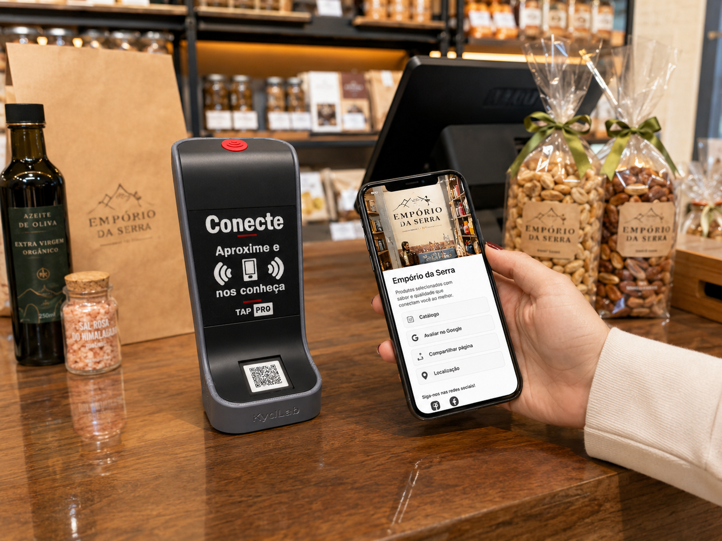 Totem TAP PRO em empório com página empresarial aberta