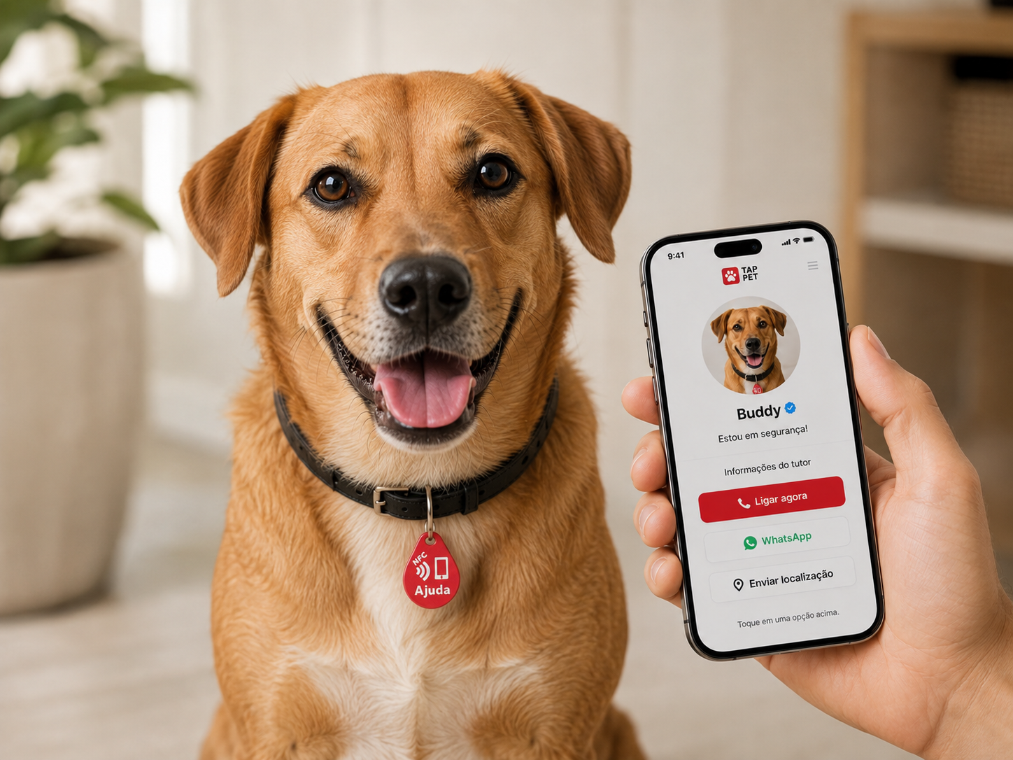 Cão usando TAP PET ao lado de celular com página do pet aberta