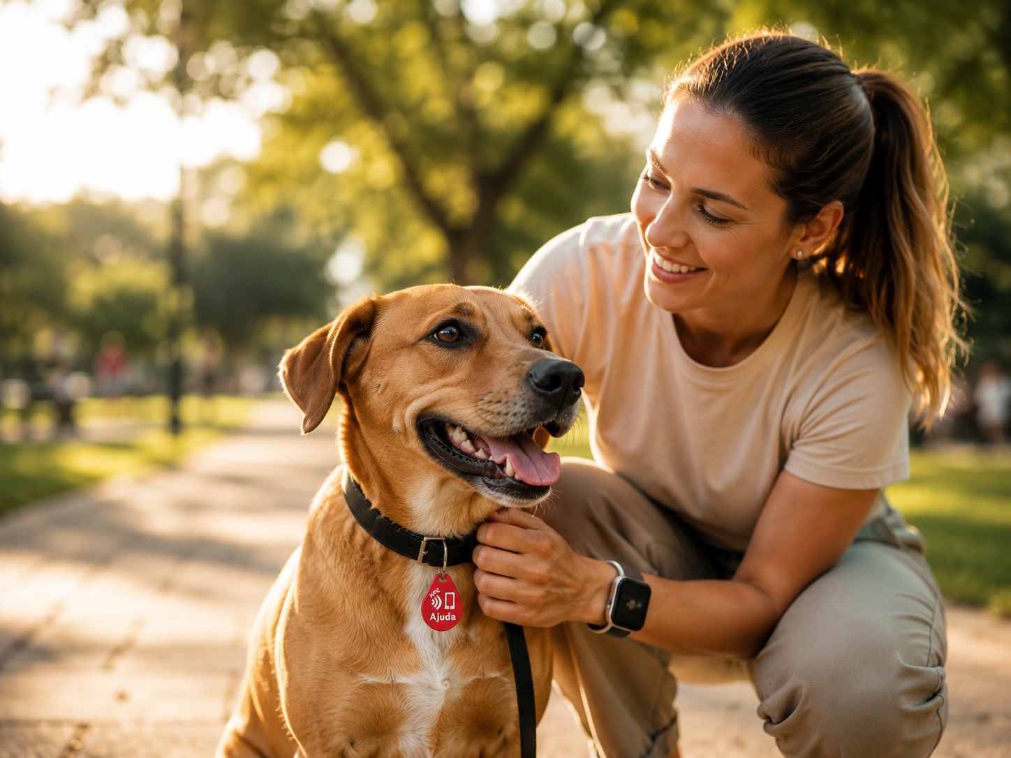 Tutora passeando com cão usando TAP PET