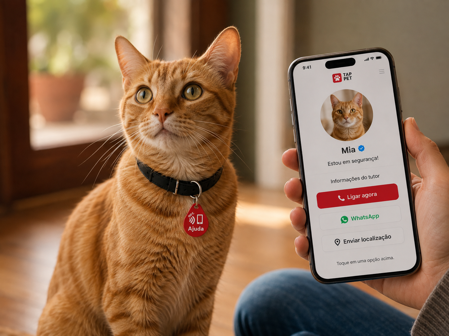 Gato usando TAP PET com página aberta no celular